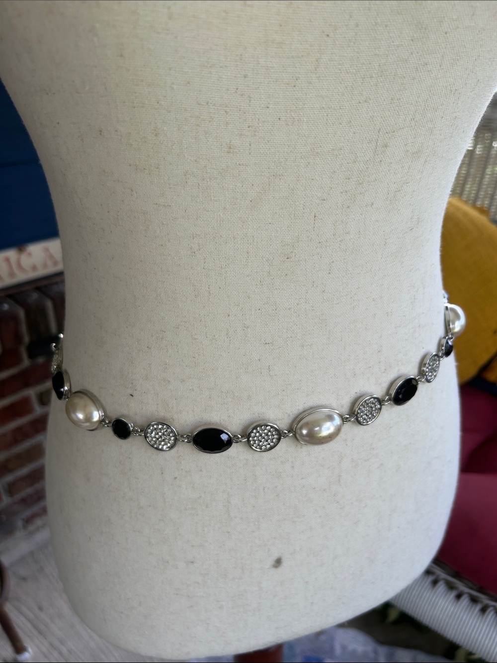 Pearl and Black Stone Link Waist Chain Belt
